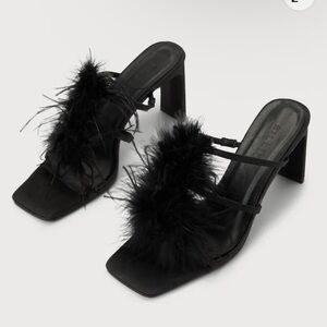 Billini Kayden black satin feather slide-on high heel sandals